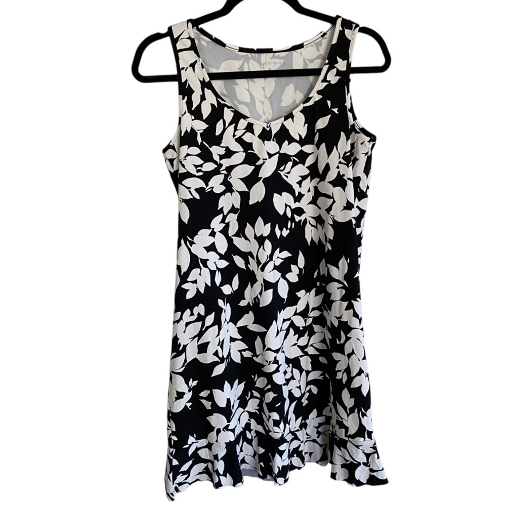 Lands’ End Black and White Leafs Print Super Soft Sleeveless Mini Dress Size XS